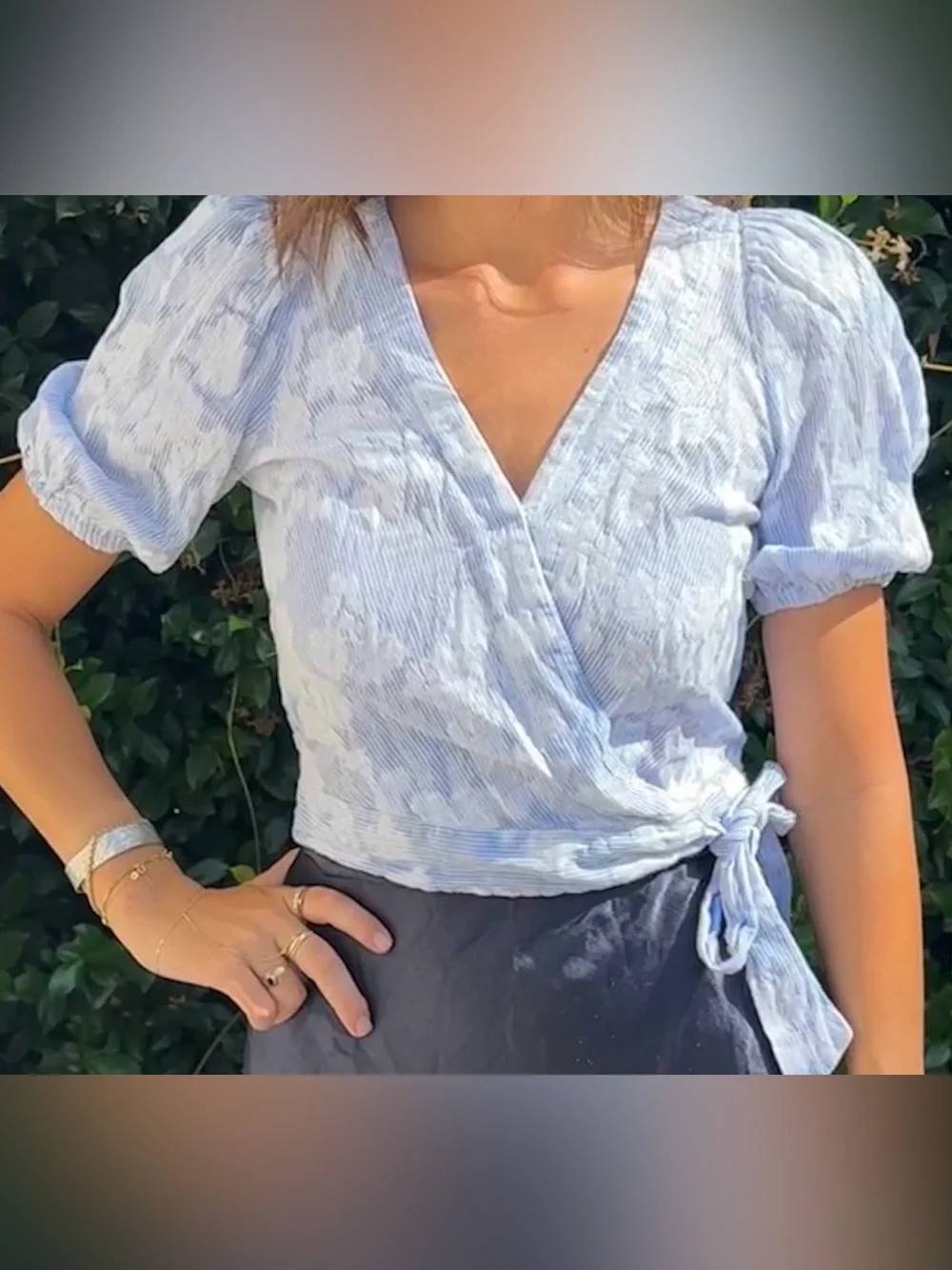 Banana Republic Light Blue Floral Wrap Blouse with Tie